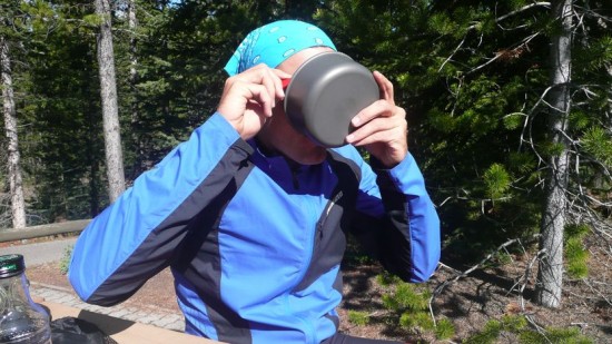 Marco slurping down breakfast before Elk Pass